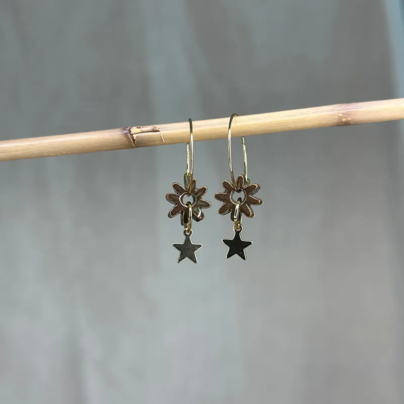 Boucles d'oreilles mini fleurs kaki - étoiles dorées