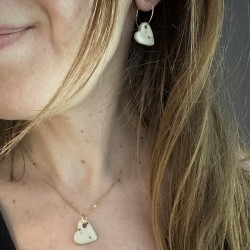 Boucles d'oreilles Cœur Beige en grès blanc émaillé, faites main
